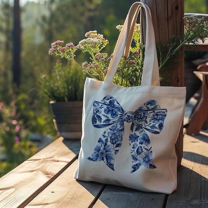 Blue and White Chinoiserie Prints Canvas Tote Bag for Women, Reusable Folding Shopping Bags with Handles