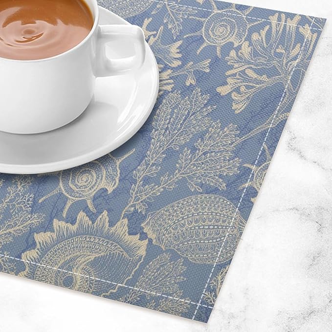 Nautical Themed Placemats Beach Coastal Coral Starfish Shell Art Printed Dining Table Mats Set of 4 for Restaurant Home Kitchen Holiday Picnic Party Decor 12x18in