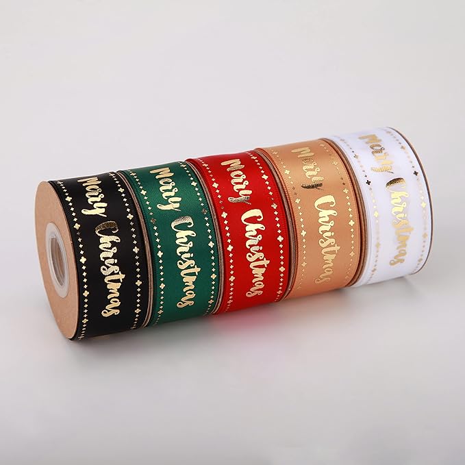 Merry Christmas Ribbon 10 Yards 1Inch Wide Black Satin Ribbons with Gold Printed Gift Ribbon for Craft Packing, Gift Wrapping, DIY Craft, Christmas Party Supplies
