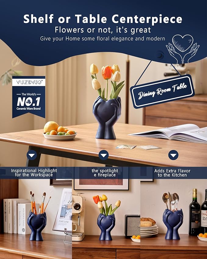 8" Heart Hand Navy Blue Ceramic Vase - Unique Modern Aesthetic Flowers Vase for Living Room Bedroom Office Kitchen Table Centerpiece or Shelf Decor-Gifts for Wedding Bridal Shower Women Mom (Blue)