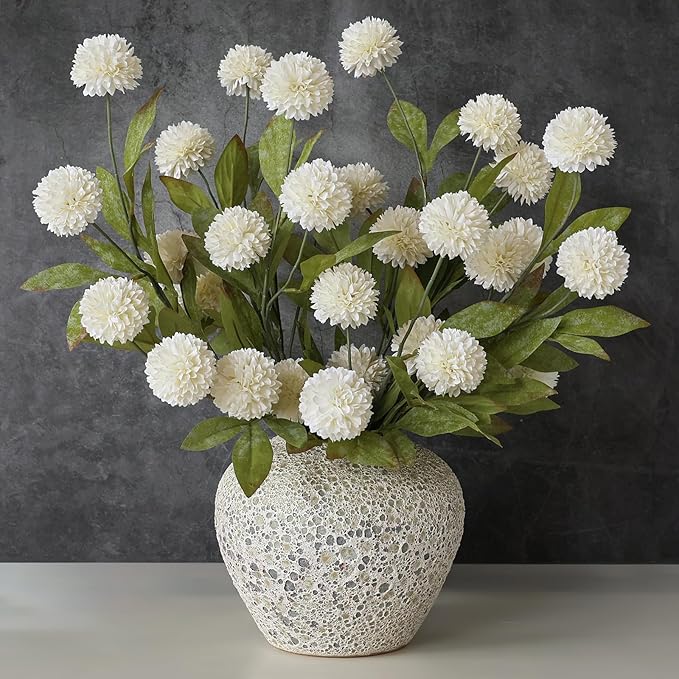 12 Pcs Faux Silk Pompon Mum Artificial Flowers for Vase -27", Bulk Fake Chrysanth Branches with Stems for DIY Bouquet Centerpieces Wedding Fillers Arrangements Shower Decorations (Cream)