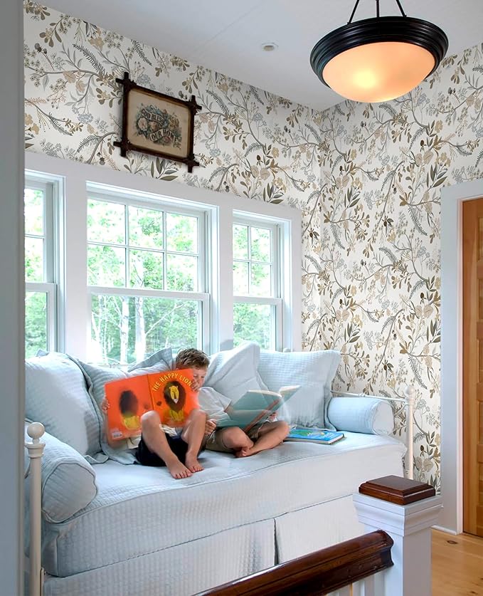 Guvana 16.14"x394" Floral Peel and Stick Wallpaper Leaves Contact Paper Floral and Leaf Wallpaper Colorful Flowers Self Adhesive Wall Paper for Home Wall Decor（Off-White Background）