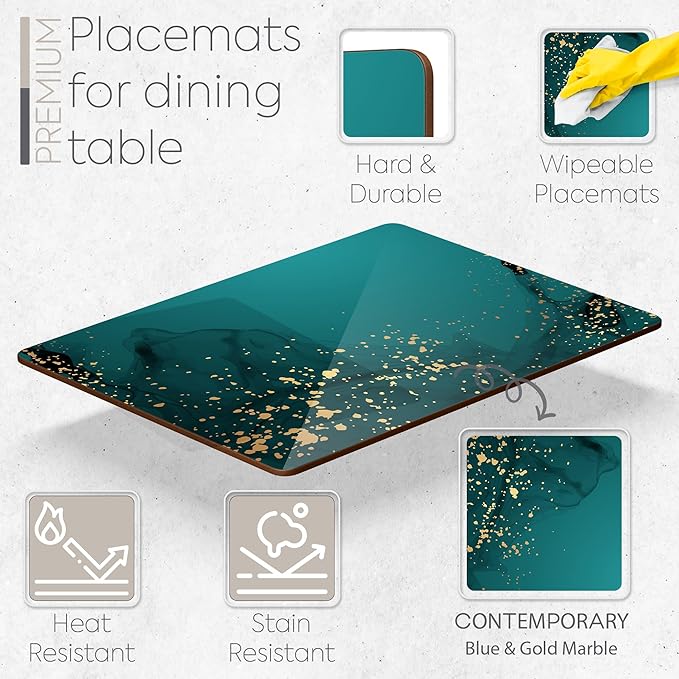 Set of 4 Heat Resistant Cork Placemats for Dining Table with Free Set of 4 Matching Drink Coasters Deep Green and Gold Design 16 x 12 Inches Cork Backed Hard Placemats (Green Serenity)