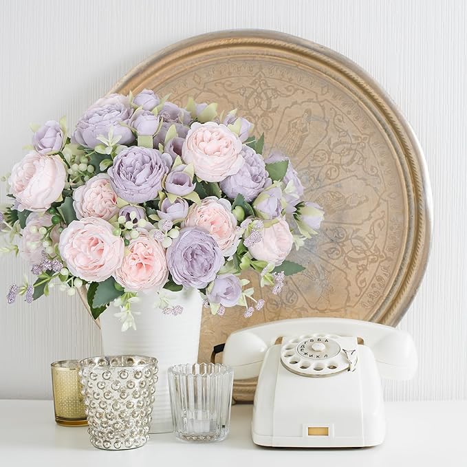 SOMYTING Peonies Artificial Flowers, Fake Flowers Purple Peonies Faux Flowers Vintage Artificial Silk Flower Peonies Bouquets Floral Arrangements Home Wedding Party Table Decor (Pink Purple, 4PCS)
