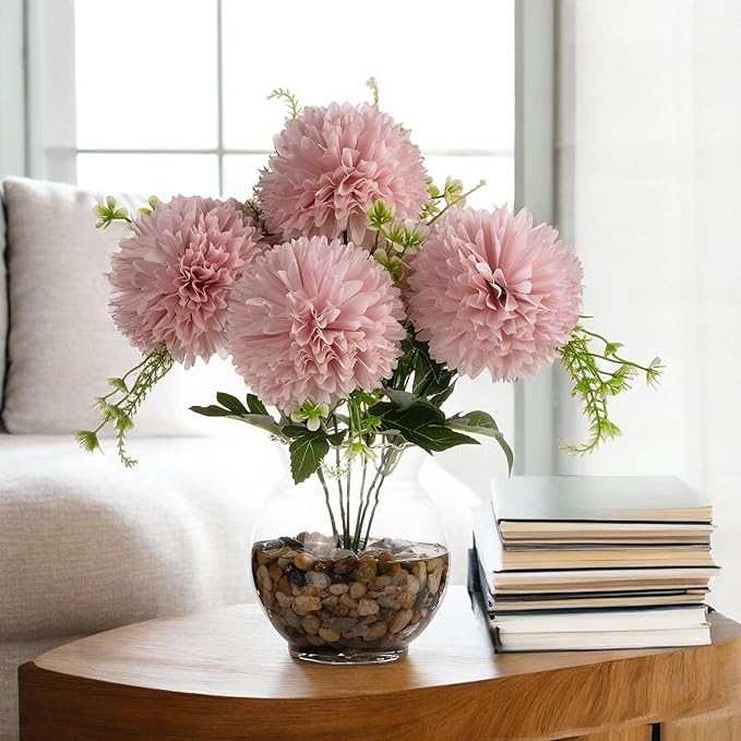 ENOVA FLORAL 7 Heads Silk Marigold Artificial Flowers in Vase,Faux Marigold Flowers Arrangement in Round Bowl Vase with Faux Water and River Rock for Table Decor Centerpieces (Marigold-Pink)