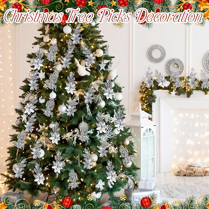 18 Pack 3 Styles 17 Inch Christmas Glitter Poinsettia Berry Stems Ornaments Artificial Floral Branches Picks for Christmas Tree Home Vase Holiday Party Decor(Silver)