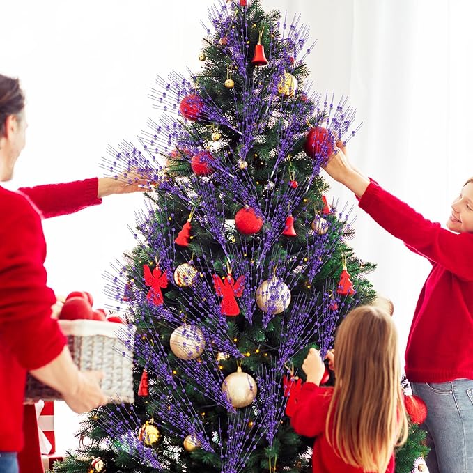 Geosar 30 Pcs Christmas Artificial Glitter Berry Stem Decorations 17 Inch Faux Stick Floral Pick Centerpiece Bouquet Flower Bead Twigs for Centerpiece Tree Wreath Xmas Ornaments Home(Purple)