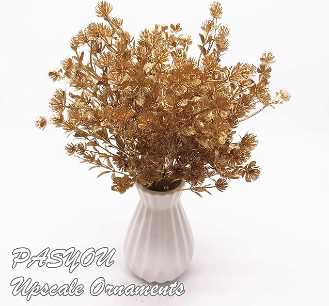PASYOU Gold Fake Plants, Artificial Flowers Decoration for Christmas Golden Leaves Grass Plastic Faux DIY Crafts Indoor Outdoor Home Garden Party Room Bedroom Wedding Table Centerpiece Decor, 4 Pack