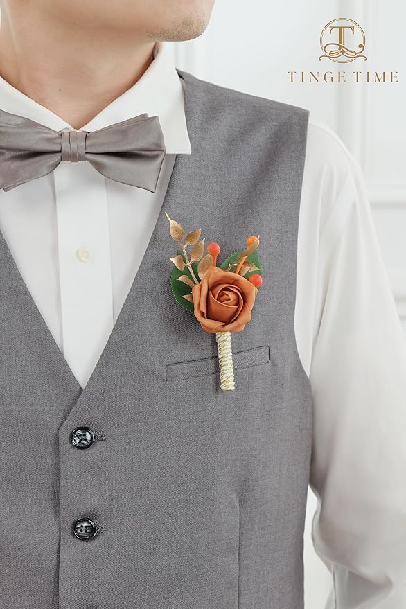 TINGE TIME Boutonniere for Men Wedding,Groom and Best Man Boutonniere for Wedding Ceremony Anniversary, Formal Dinner Party and Rustic Spring Wedding Marriage (2, BurntOrange)