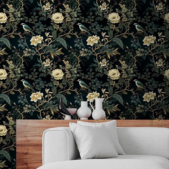 Dark Floral Peel and Stick Wallpaper Vintage Floral Contact Paper 16.9inchx196.8inch Flowers Bird Wallpaper Peel and Stick Boho Leaf Self Adhesive Removable for Bathroom Wall Paper Decor