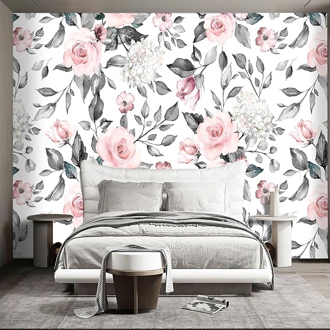 Grey Leaf Pink Flowers Wall murals Floral Peel and Stick Wallpaper for Bedroom Living Room - 96"x137"