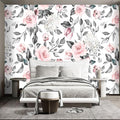 Grey Leaf Pink Flowers Wall murals Floral Peel and Stick Wallpaper for Bedroom Living Room - 85"x118"