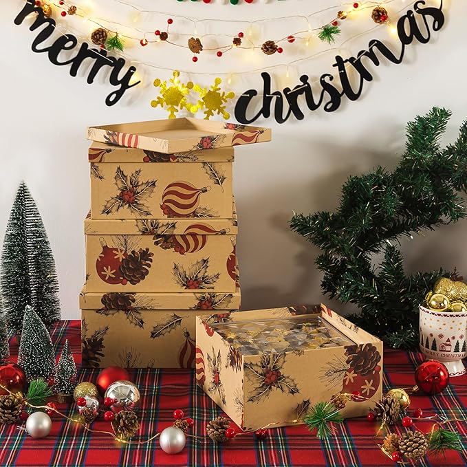 Soul & Lane Christmas Kraft Square Decorative Boxes with Lids - Set of 4 - Retro Cozy Christmas, Reusable Large Nesting Holiday Gift Boxes for Presents and Décor
