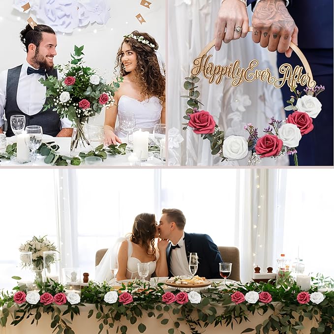 50PCS Artificial Flowers Burgundy and White Roses Real Looking Foam Fake Roses with Leaves for DIY Wedding Bouquets Bridal Shower Party Decorations (Wine red & White, 50)