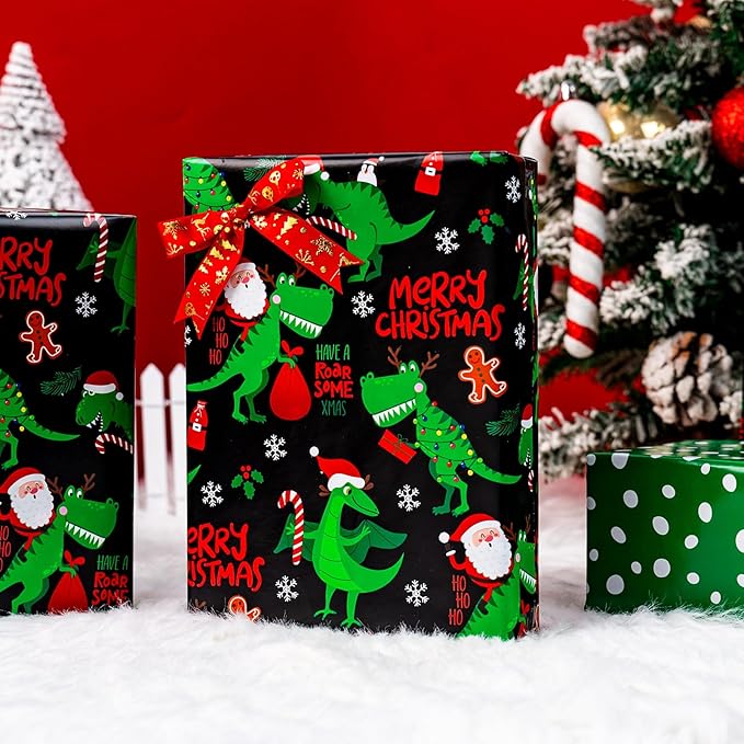 Yarcony Reversible Black Christmas Wrapping Paper for Kid, Funny Dinosaur and Santa Claus Pattern Christmas Gift Wrapping Paper for Kids Boys Men Holiday Gift Packaging (Mini Roll, 17 Inch X 33 Feet)