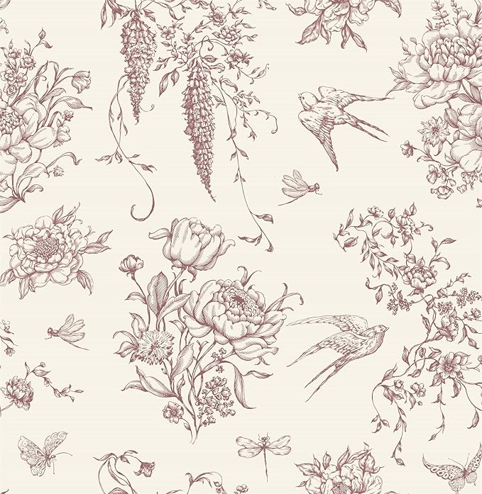 Vintage Floral Peel and Stick Wallpaper Red Floral Contact Paper 16.9"x118.1" Cream White and Red Flowers Bird Self Adhesive Wallpaper for Bathroom Waterproof Removable Wall Paper Cabinets Decorative