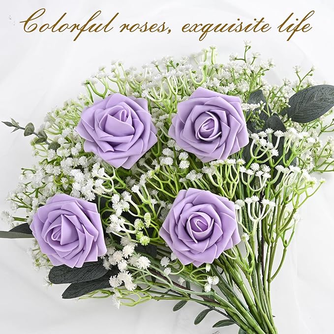 BLEUM CADE 16Pcs Artificial Flowers Fake Roses with Stems, Purple Boxed Foam Roses for DIY Bouquets Centerpieces Wedding Party Arrangement Bridal Shower Decor