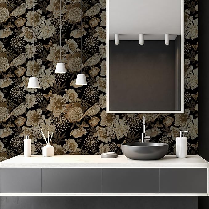 Floral & Birds Peel and Stick Wallpaper Antique Gold Black Self Adhesive Removable Floral Wallpaper for Bedroom Renter Friendly Floral Contact Paper for Bedroom Bathroom Walls Shelf Liner 17.7"x236.2"
