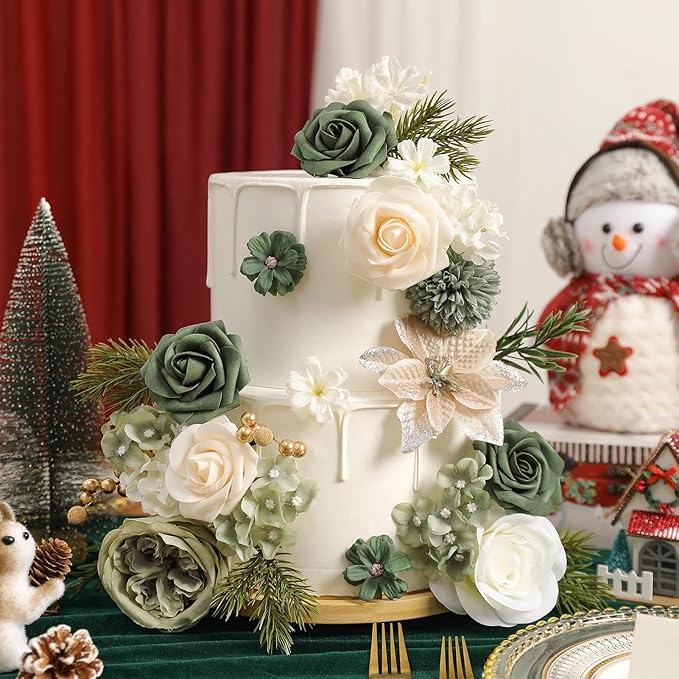 Christmas Artificial Flowers Set with White Poinsettia, Fake Roses and Greenery for DIY Christmas Decor - Wreath, Tree Ornaments, Wedding Bouquets, Centerpieces, Home Floral Arrangemen