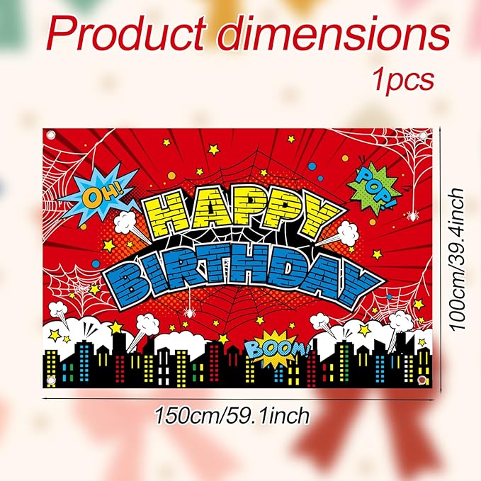 Spider Birthday Backdrop, 150x100cm/5x3ft Red Polyester Large Spider Web Happy Birthday Banner Backdrop for Boys Girls Themed Party Decorations & Photo Booth Props