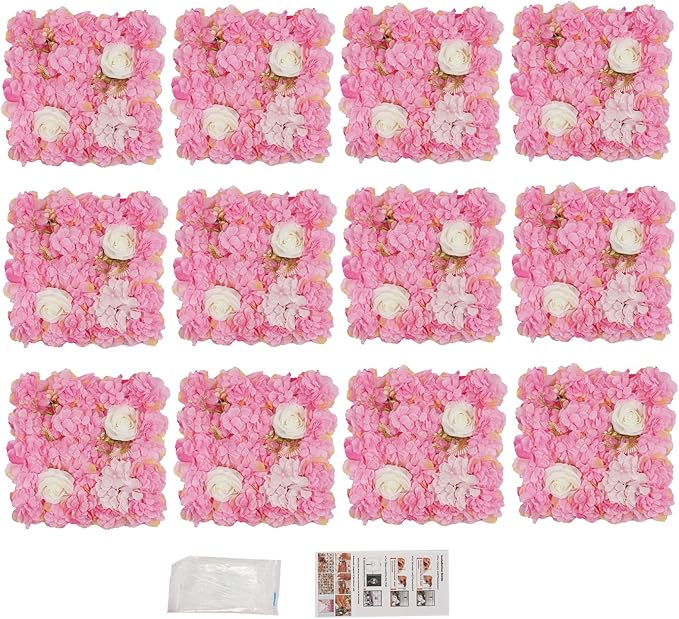 12Pcs Artificial Flower Wall Panel 3D Floral Backdrop Walls15 X 15" Flower Wall Decor Panel Flower Backdrop for Party Home Background Decor, Pink