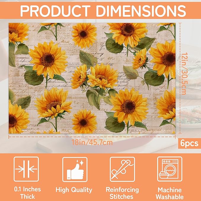 Vintage Sunflower Placemats Set of 6,Waterproof Heat Resistant Dining Table Plate Mat for Home Kitchen Dining Table 12x18Inch
