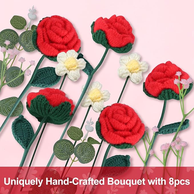 Foyucool Crochet Flowers Bouquet, Handmade Knitted Rose Bouquet with Gift Bag for Home Deocor, Crocheted Finished Flower for Wedding, Mother's Day, Teachers' Day and Valentine's Day, Rose Red