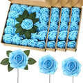 100 Pcs Artificial Foam Rose Faux Bouquet with Leaves and Stems for DIY Wedding Bouquets Centerpieces Bridal Shower Party Valentine Home Decorations (Light Blue)