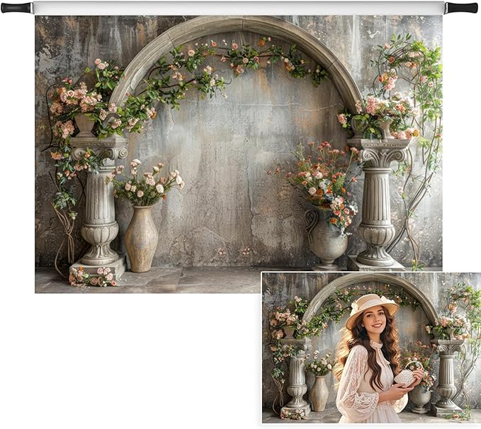 7x5ft Vintage Flower Backdrop Pink Boho Floral Wedding Wall Retro European Arch Green Grass Nature Photography Background Princess Birthday Bridal Shower Anniversary Valentines Day Decor