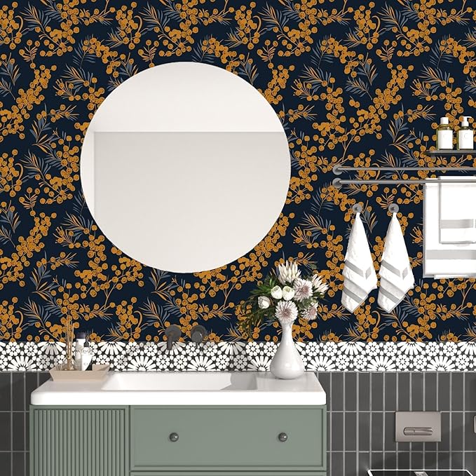 Boho Wallpaper Peel and Stick Leaf Wallpaper for Kitchen Vintage Contact Paper 17.5" x 118" Waterproof Vinyl Self Adhesive Dark Floral Wall Paper for Bedroom Walls Cabinet Locker Decor