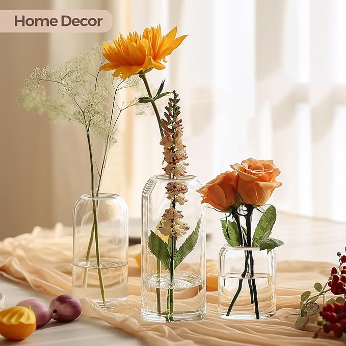 ComSaf Small Flower Vase Set of 12, Glass Bud Vases in Bulk, Clear Vases for Flower, Decor Centerpiece for Bathroom, Decorative Vases for House Warming, Valentines' Day, Mother's Day, Thanksgiving Day
