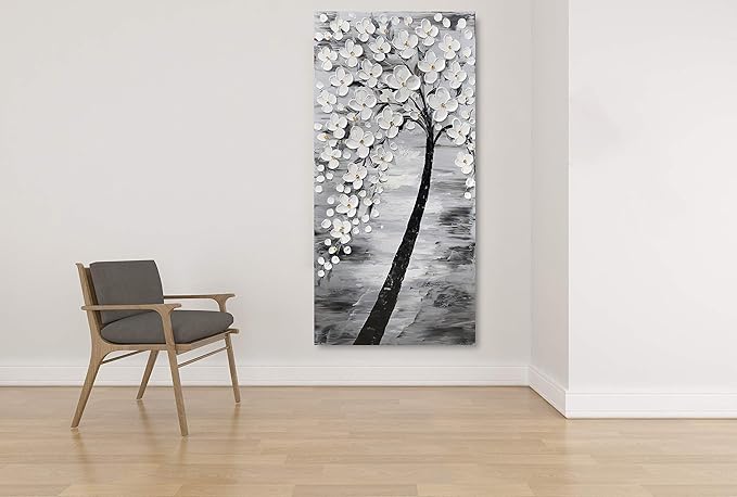 Yihui Arts 3D White Flower Canvas Wall Art Hand Painted Grey Paintings Vertical Artwork for Living Room Bedroom Hallway Decoration
