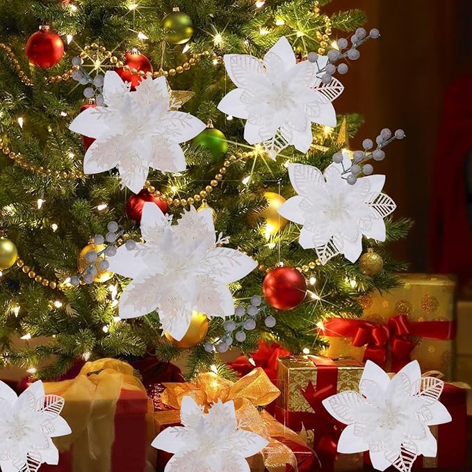24 Pcs White Boxed Christmas Poinsettia Flowers Set, 16 Pcs Artificial Poinsettias with Clips, 8 pcs Glitter Christmas Tree Ornaments Berry Stems for Wedding Home Holiday Xmas New Year Decorations
