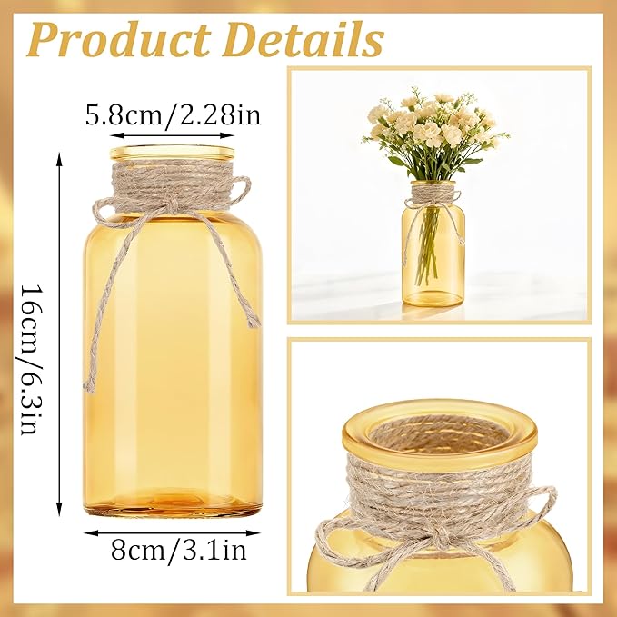 Vintage Glass Flower Vase，6 Pack Gold Amber Farmhouse Glass Centerpiece Vases Mason Jars for Weddings, Parties & Home Decor Bulk (6, Gold)