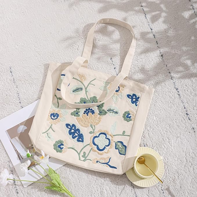 Aesthetic Embroidery Tote Bag for Lady Cute Reusable Canvas Shoulder Bag for Girls Women Shopping Grocery