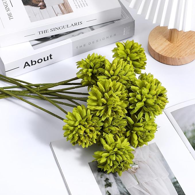 12 Pcs Artificial Chrysanthemums Flowers, Fake Silk Ball Flowers Mums Bouquets Arrangements Green Silk Flower for St Patricks Day Wedding Home Decor Table Centerpiece