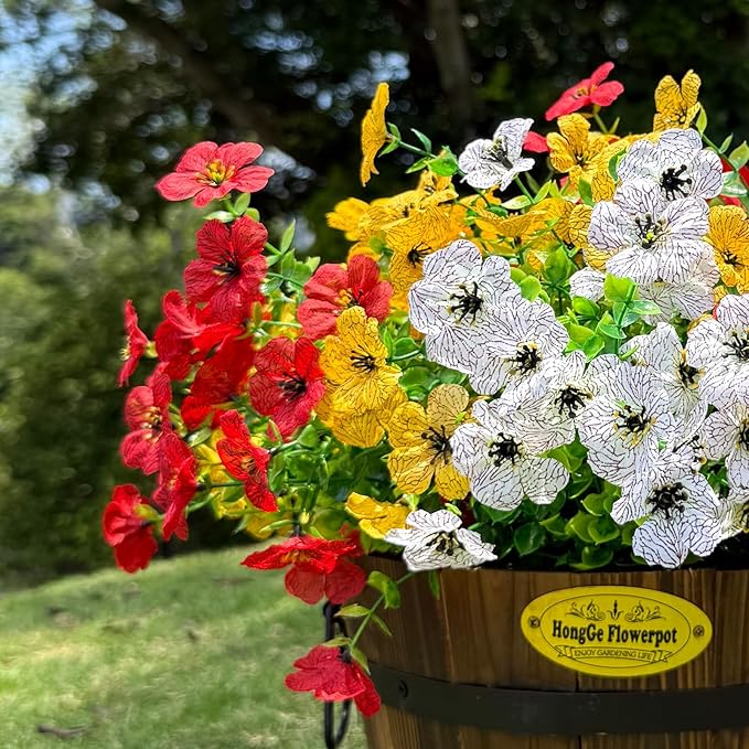 12 Bundles Artificial Flowers for Outdoor,UV Resistant Fake Flowers,Faux Plants for Outside Hanging Planters,Artificial Plants for Indoor Porch Garden Home Wedding Decor(Yellow,Red,White)