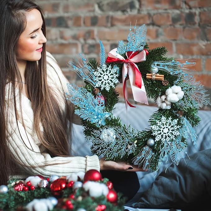 30 Pcs Artificial Christmas Tree Picks and Sprays Glitter Berry Stem Branches Holly Floral Picks Twigs Christmas Tree Ornaments for DIY Xmas Wreath Vase Filler Decorations(Lake Blue)