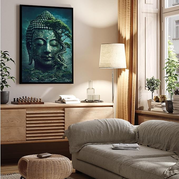 Buddha statue wall art canvas wall decor aesthetic picture mystical nature art for tranquil home and spiritual space 20x30in Metal blackFramed