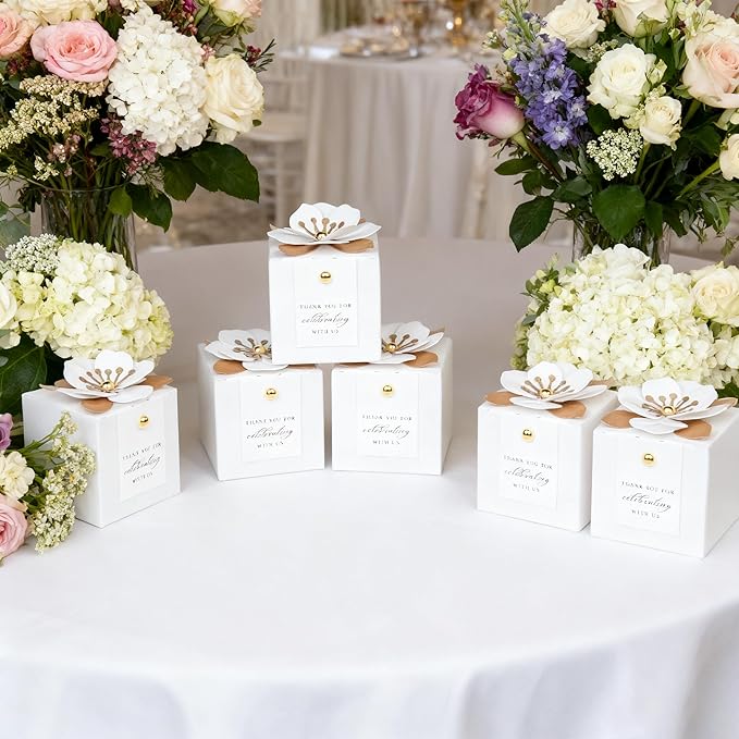 FEIYI 20 PCS Candy Boxes, 3 In 1 White Favor Boxes With Floral Decor, White Thank You Tags Gift Wrapping For Wedding Birthday Baby Shower Decorations Party -2.55x2.55x2.55''