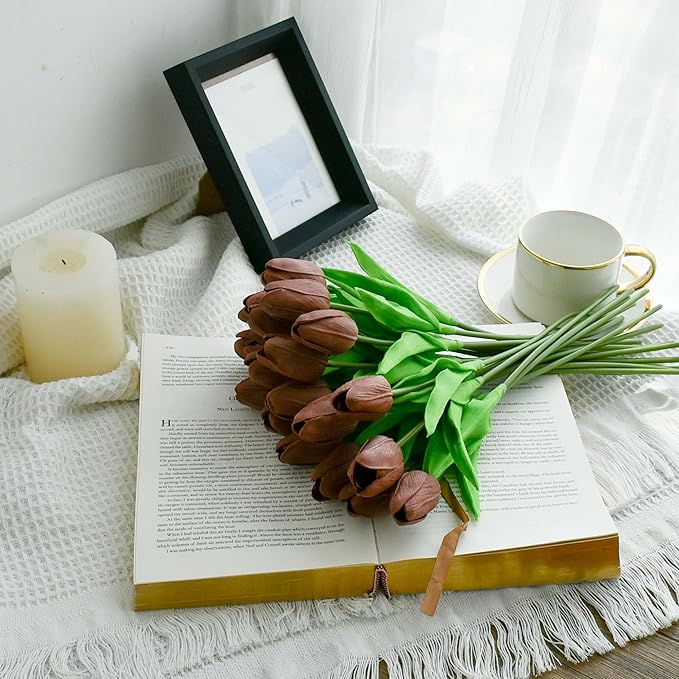 Mandy's Artificial Tulips 20 Stems Brown PU Faux Flowers for Thanksgiving and Christmas Decorations Wedding Home Decor 13.5 Inch