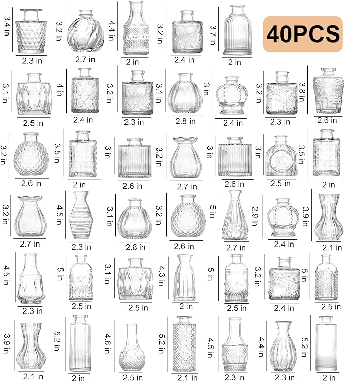 Glass Bud Vases Set of 40 PCS, Small Flower Vases for Wedding Centerpiece Table Decoration, Vintage Vase in Bulk for Flower Arrangements, Mini Vase for Birthday Party, Festival Home Decor,Clear
