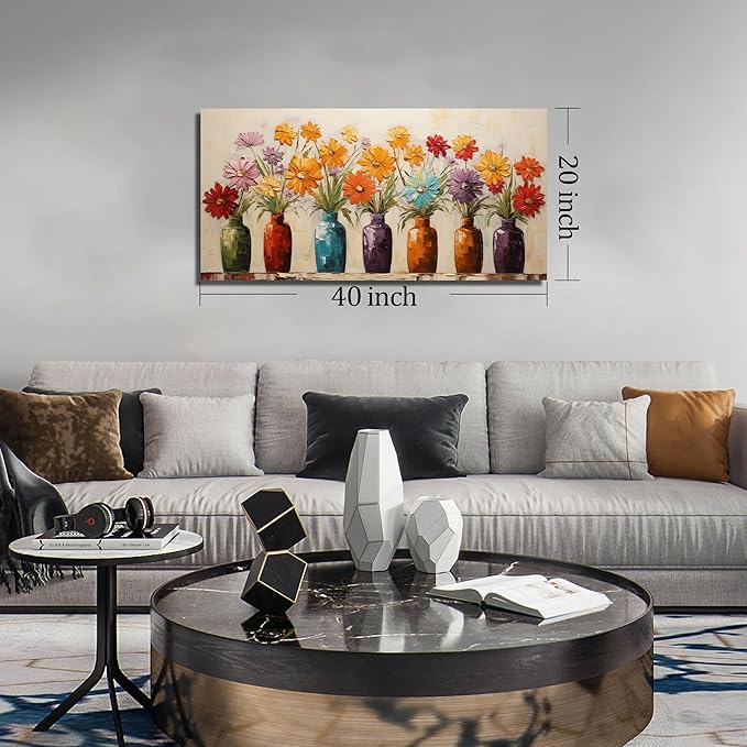 Colorful Daisy Floral Canvas Wall Art, Modern Abstract Flower in Vase Pictures for Living Room Bedroom Office Wall Decor, Horizontal Printed Painting Artwork Home Decorations, Size 40x20 Inches