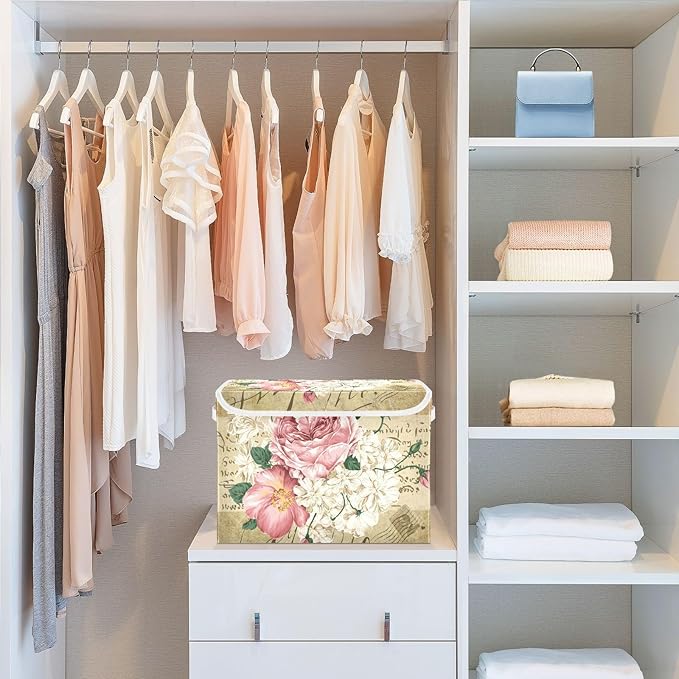 Flower Baskets Collapsible Storage Bins with Lids, Vintage Rose Floral Storage Boxes Clothes Baskets for Organizing