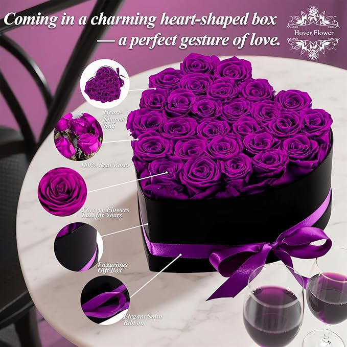 27 Forver Preserved Flowers in a Heart Box, Flowers for Her,Eternal Roses Flowers for Delivery Prime, Flowers Birthday Gifts for Women Mom Grandma Wife - Purple