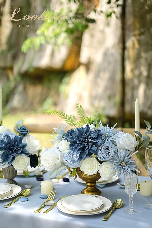 Lookein Artificial Flowers for DIY Wedding Decoration Bridal Bouquet Table Centerpieces Flower Garland Wreaths Aisle Arch Flower Decoration Home Decor, Retro Dusty Blue