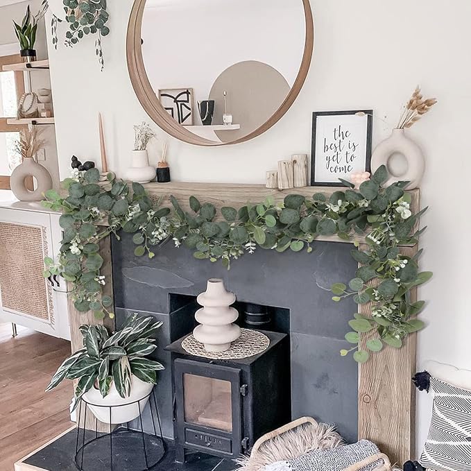 SOMYTING Artificial Eucalyptus Garland with White Flowers 4 Packs 5.9Ft Silver Dollar Eucalyptus Vine Faux Leaves Vine Greenery Garland for Table Wedding Arch Mantle Room Decor (4PCS)
