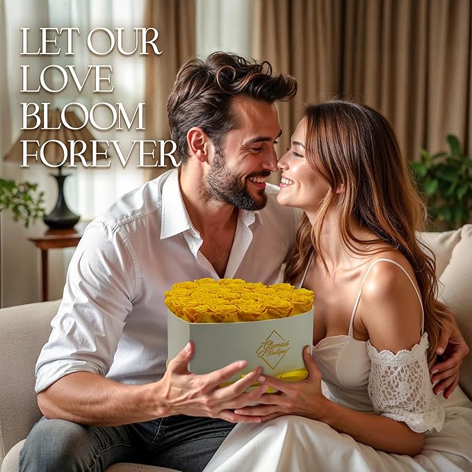 GLAMOUR BOUTIQUE Preserved Roses in a Box - Gifts for Her, Wife & Mom, Rose Flowers Forever Decor for Birthday Gift, Get Well Flower Bouquet Cased in White Box with Cover - Yellow - 27-Piece
