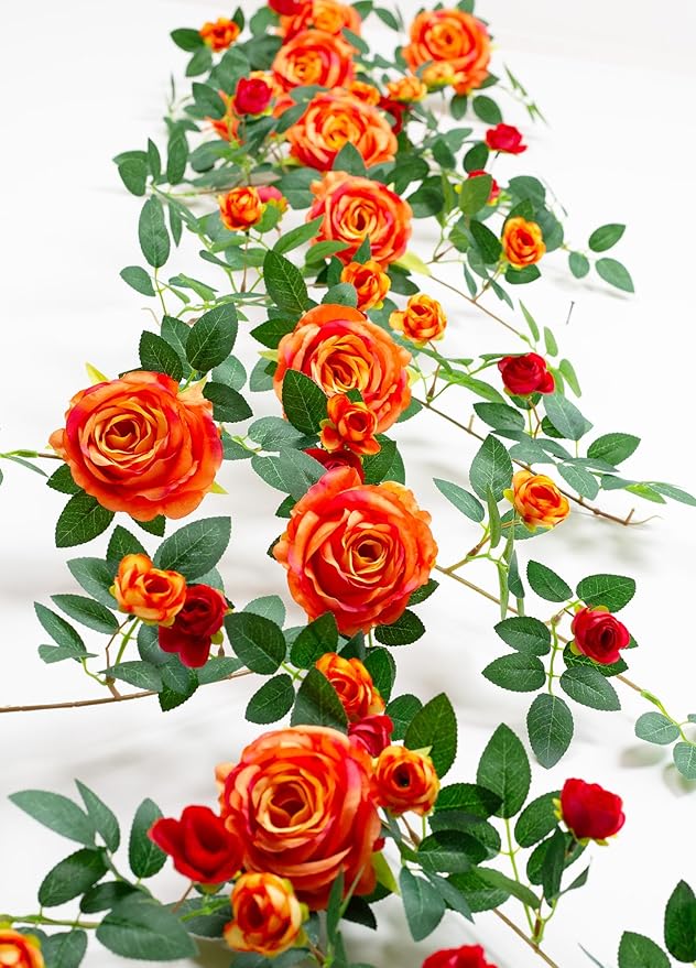 6FT Bendable Flower Garland, Artificial Rose Vine Hanging Floral Garland Decoration for Weding Home Room Wall Decor (Orange, 2pcs)