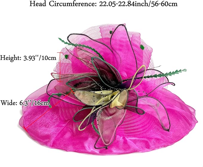 Organza Derby Hats for Women Wide Brim Fascinator Hat Rose Flower Wedding Tea Party Hat